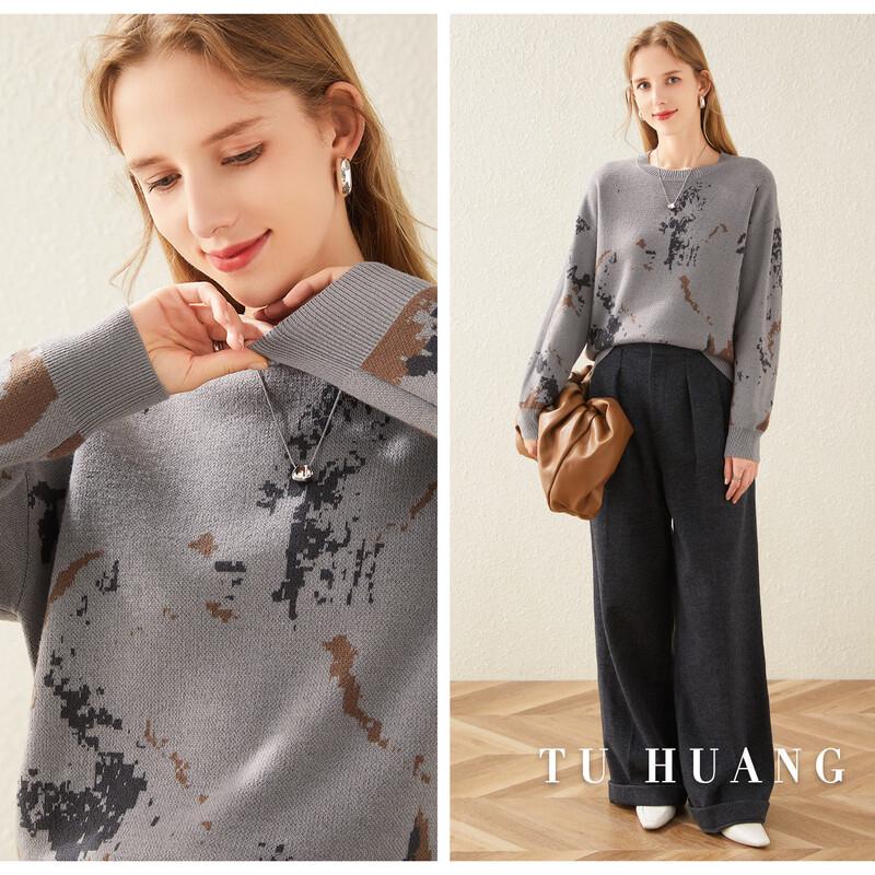 TUHUANG Women's Thickened Pure Wool Round Neck Sweater