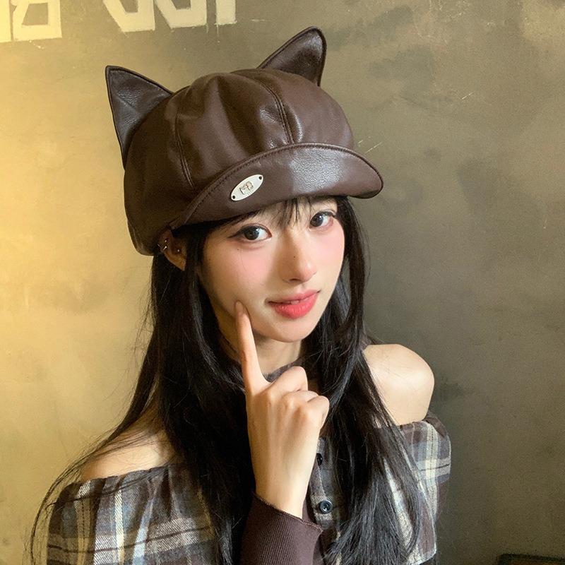 Cute Cat Ears Cortical Beret Showing Face Small Female Spring and Autumn Versatile Showing Face Small Hat Trend Subculture