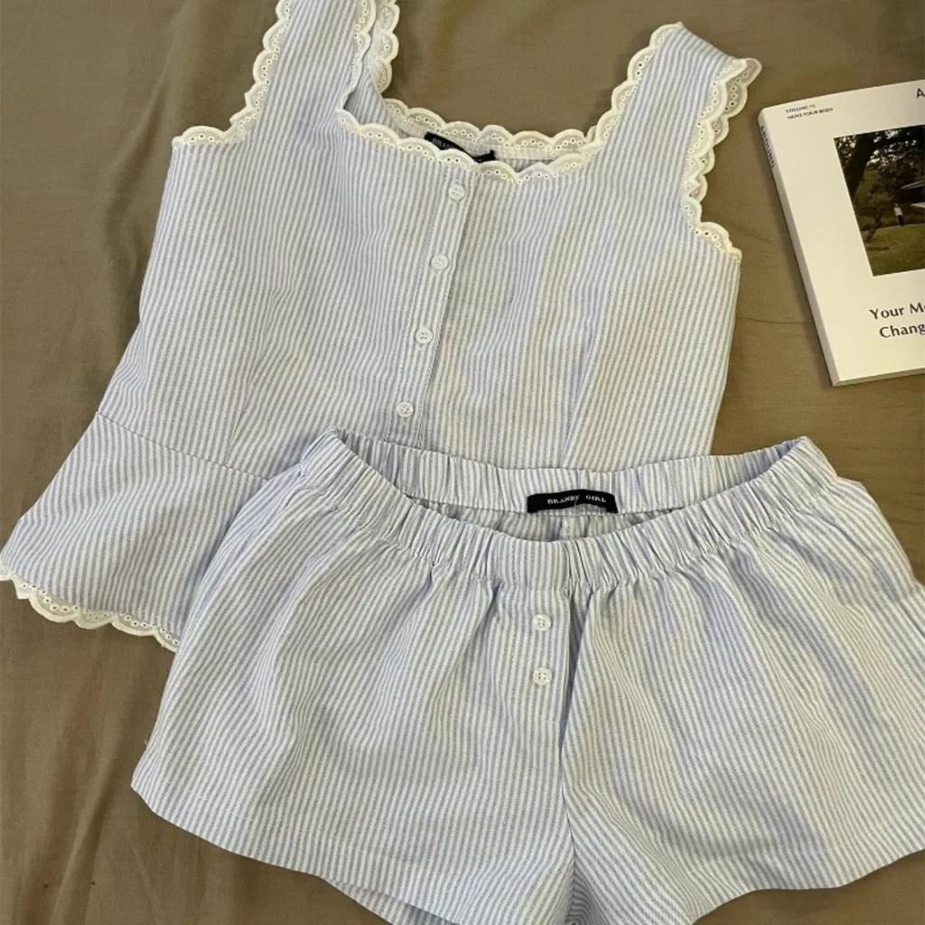 Striped Women Pajamas Summer Sleepwear Sleeveless Shorts Sets 2 Pieces Lace Night Wears Tank Korean Sleeping Home Suit