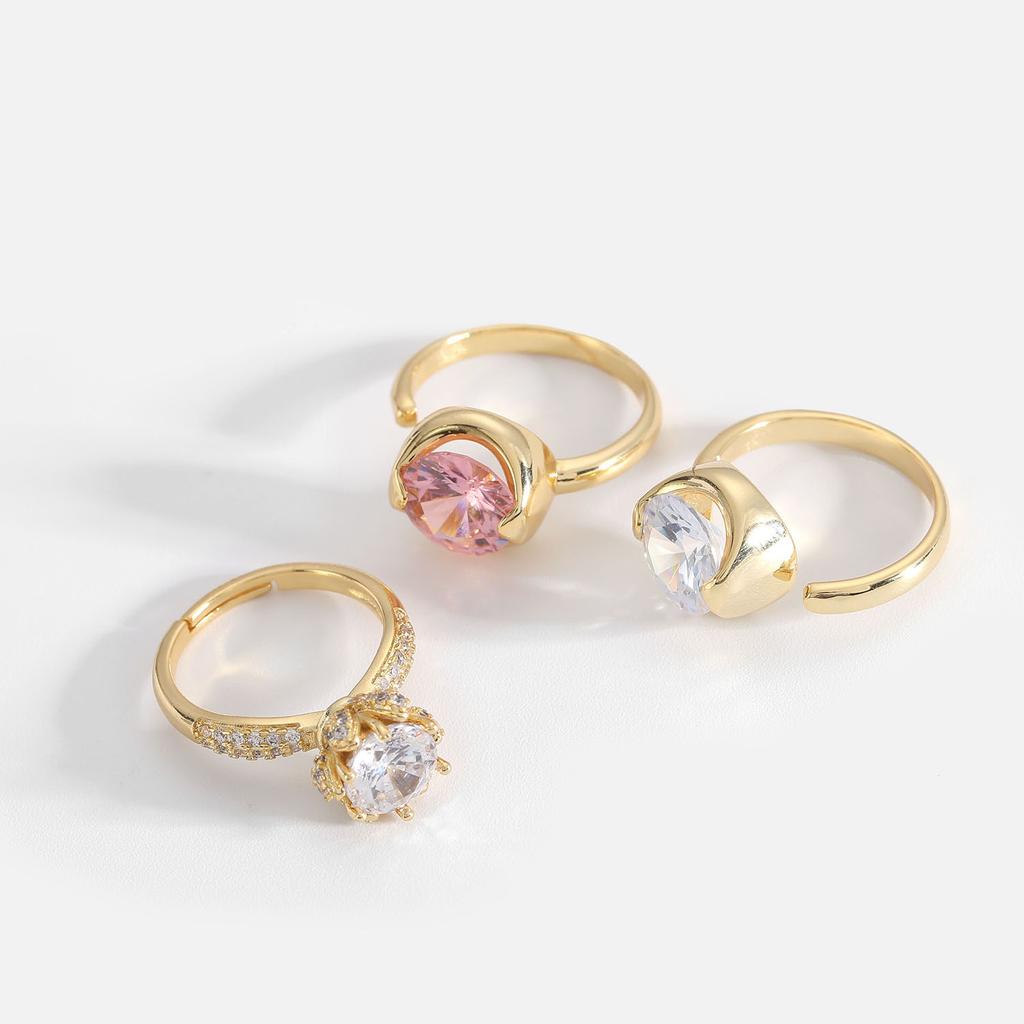 Internet celebrities with the same 18K real gold plated small pendant brass with zircon jewelry opening pink white zircon ring woman