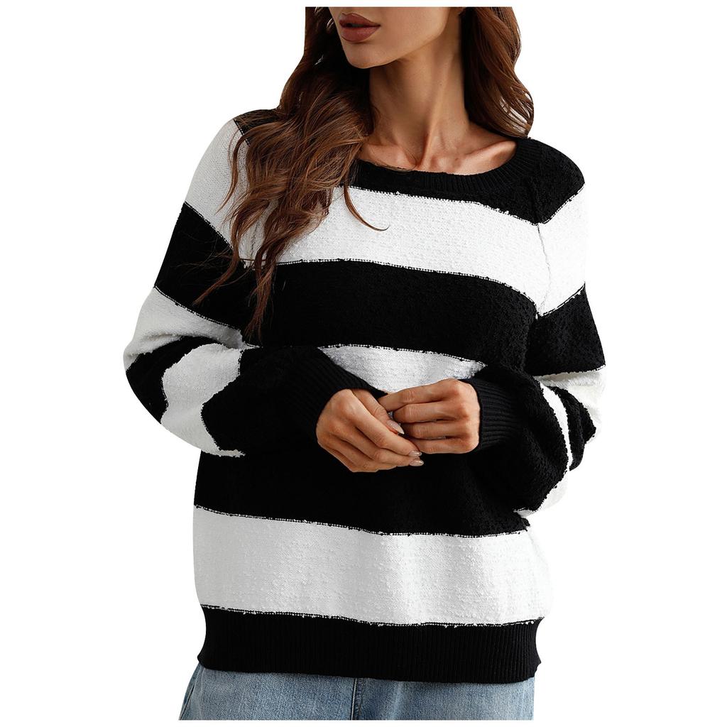 Women's  And Winter Splicing Knit Sweater Round Neck Long Sleeve Striped Sweater