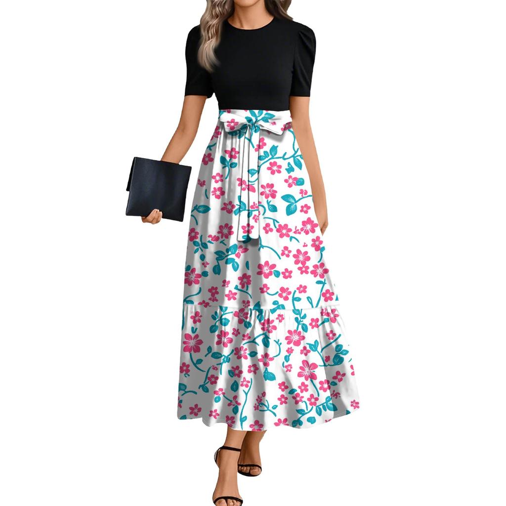 Ladies Fashion Casual Belt Short Sleeve Round Neck Floral Print Splicing Elegant Temperament Dress