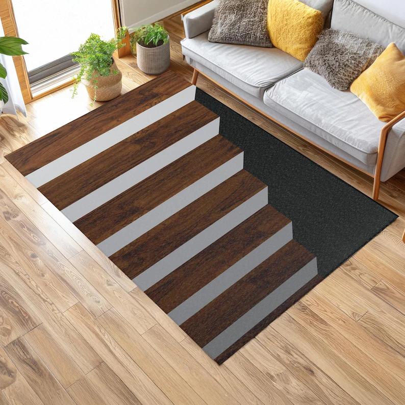 3D Gray Staircase Pattern Area Rug - Modern Optical Illusion Floormat Ideal for Living Room Floormat Home Decor