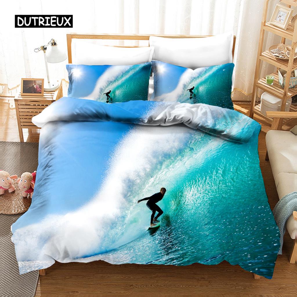 Surfing Duvet Cover Set Surfboards Youth Ocean Sport Theme Bedding Set For Teens Polyester Waves Surfing Ocean Queen Quilt Cover