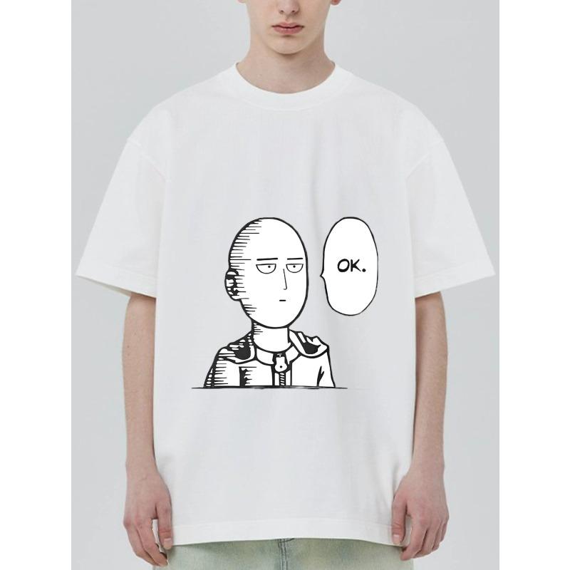 Black T-Shirt with One Punch Man Character and Ok Text Graphic Print for Casual Wear