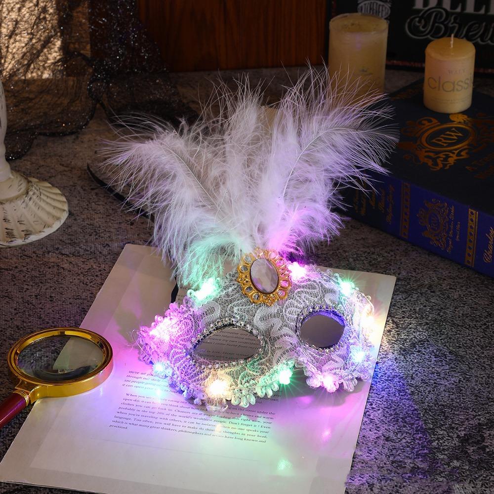 Fancy Plastic LED Glowing Mask Rhinestone Half Face Mask Feather Mask Cosplay Costume Eye Mask Venice Masquerade Mask Women