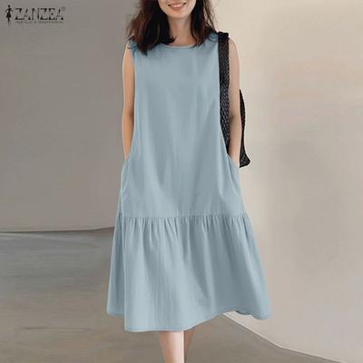 Women Casual Round Neck Solid Color Loose Sleeveless Dress