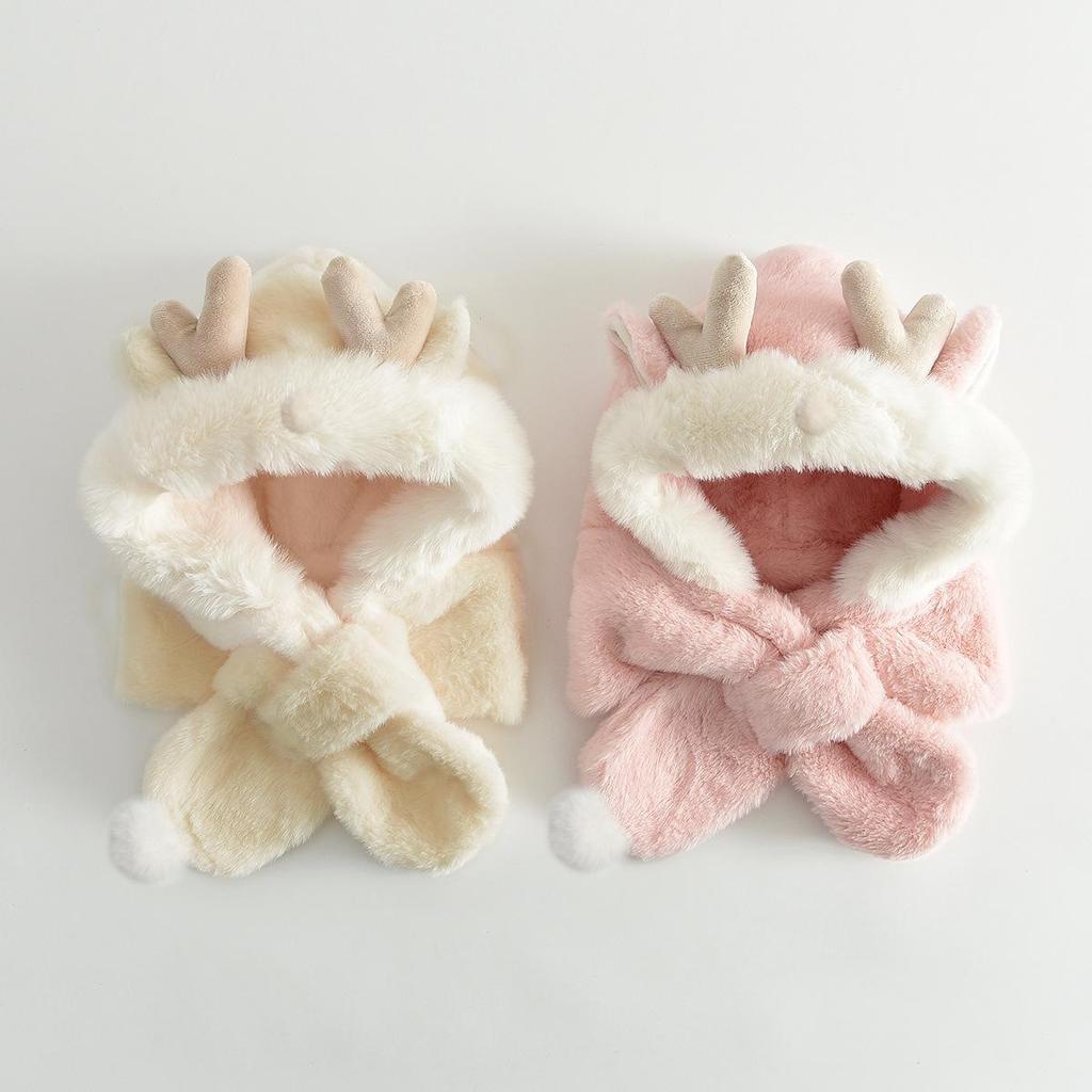 Children's Plush Antler Hat & Scarf Set: Windproof, Thickened Ear Protection for Outdoor Cycling