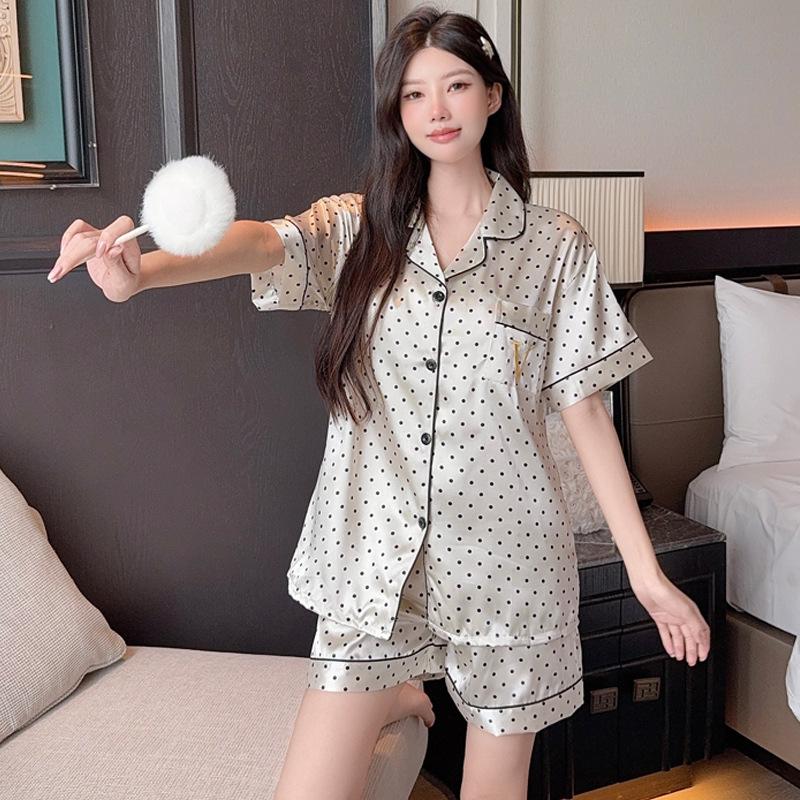 French Haute Letter V Polka Dot Short Sleeve Ice Silk Pajamas Women'S Summer Homewear Cardigan Two-Piece Set