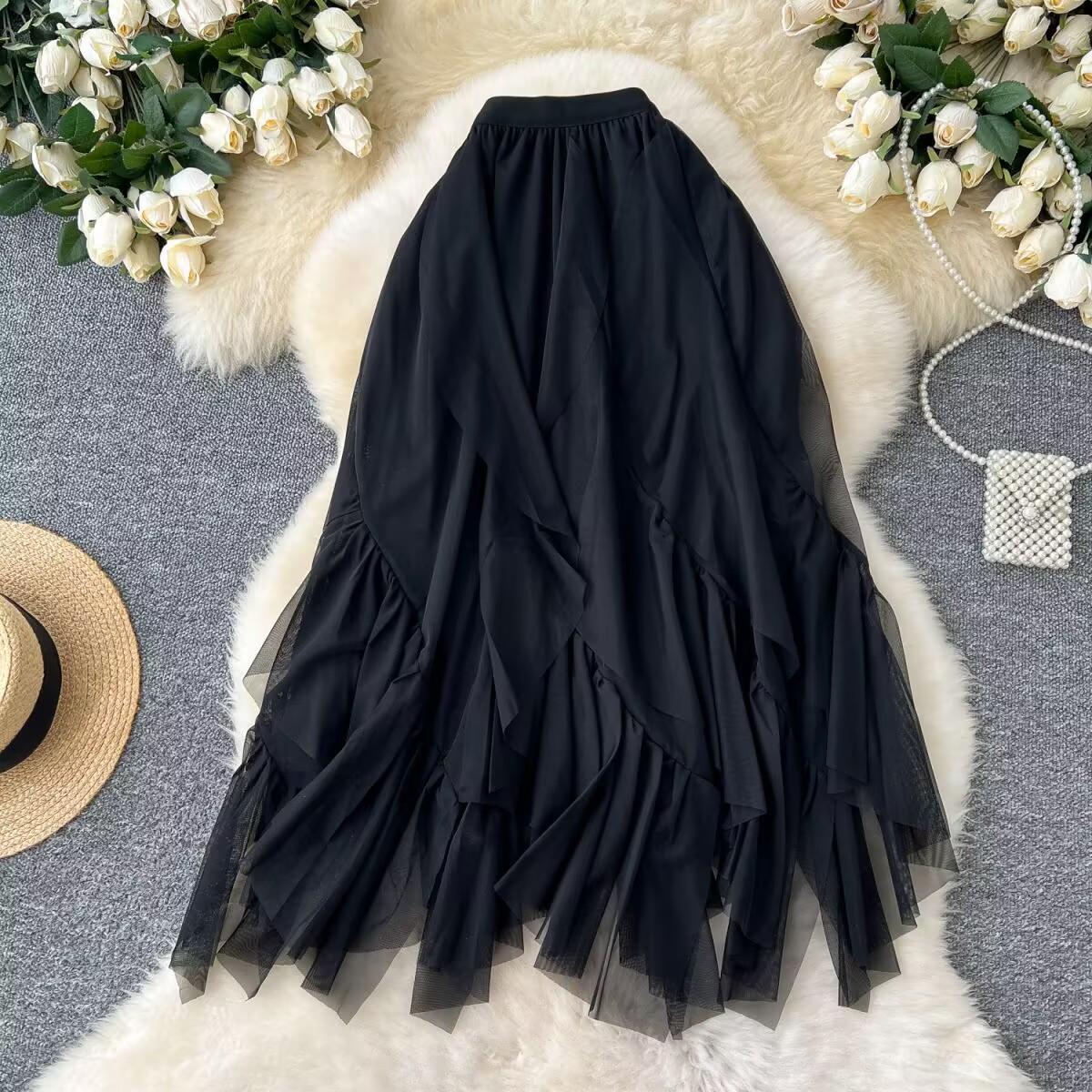 

Летняя женская элегантная юбка из тюля с высокой талией и оборками, длинная юбка миди с неровной талией One Size