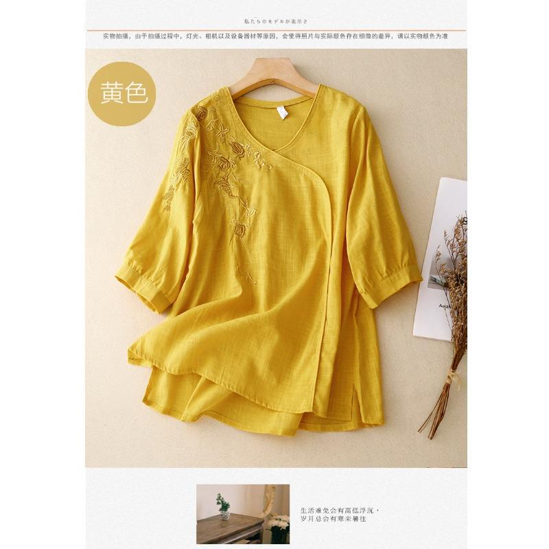 New Summer Style 700-quarter Sleeve Embroidered Shirt for Women's Literary Retro Loose Embroidered Cotton and Linen Top