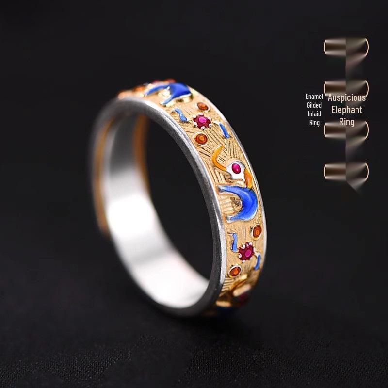 Lucky Elephant Enamel Gold Adjustable Ring - Retro Chinese Style for Women Open Adjustable