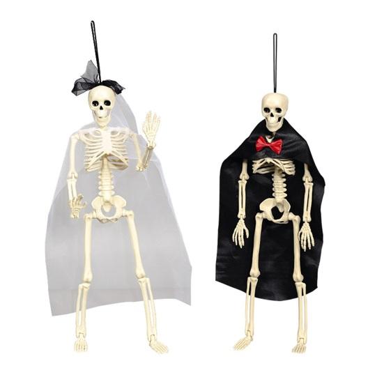 Yousheng Halloween Skeleton Bride Groom Statue 15 Inch Plastic Posable Skeleton Wedding Couple Hanging Ornament with Veils Robe for Haunted House