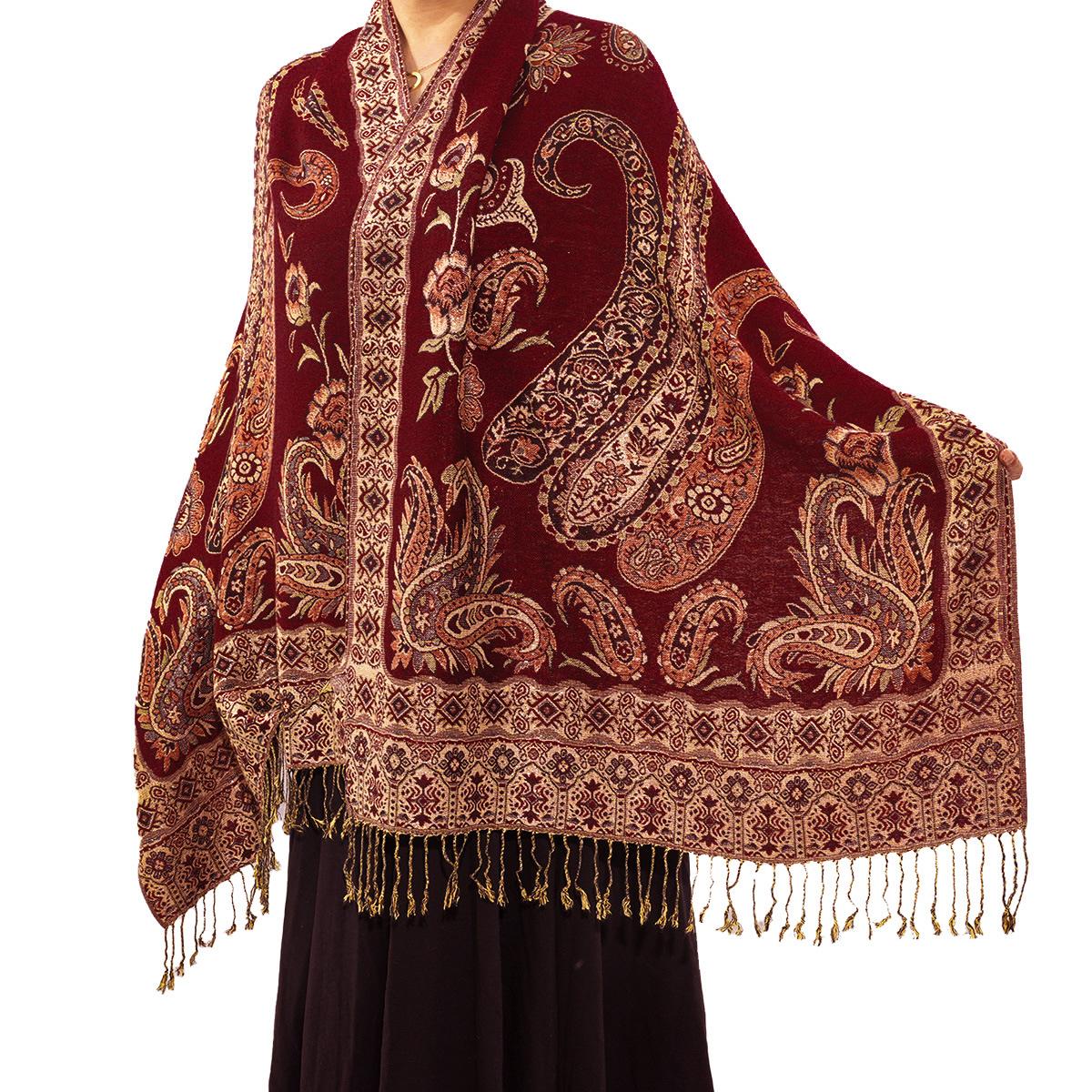 High Quality Vintage Pashmina Long Scarf Jacquard Paisley Ethnic Styles Glitter Double Sided Shawl Wrap Tassels for Women Autumn