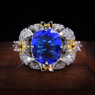 Biżuteria w stylu vintage Luxury Big Sapphire 925 Sterling Silver Rings dla kobiet Elegancki kwiat zaręczynowy obrączka rocznica pierścionki