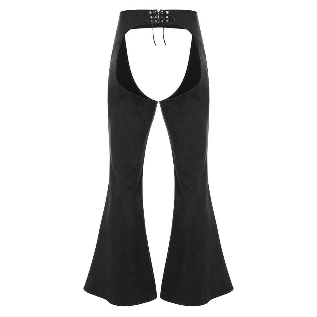 Mens Vintage Faux Suede Pants Adjustable Waist Hollow Out Design Cowboy Biker Style Wide Leg Riding Trousers