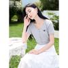 Xiangying Women's Grey V-neck Knit Short Sleeve T-Shirt