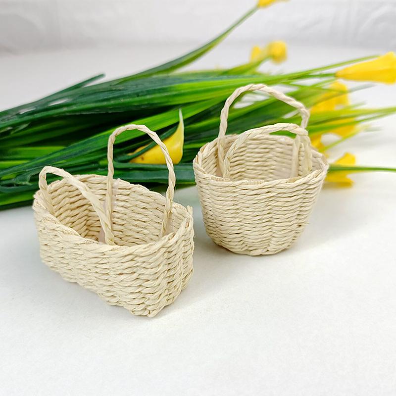 Dollhouse Hand Woven Rattan Basket Shopping Basket Straw Handbags Dollhouse Weaving Beach Bag For Dolls Miniature Decoration
