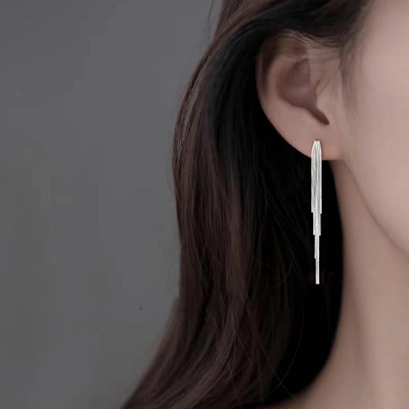 Real 925 Silver Chain Tassel Elegant Stud Earrings For Women Classic Fine Jewelry Light Accessories