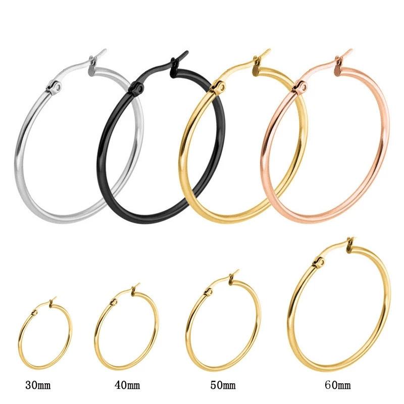 30-80Mm Big Simple Classic Hoop Earrings For Women Girls Circle Stainless Steel Earrings Gold Color Round Earings Gift