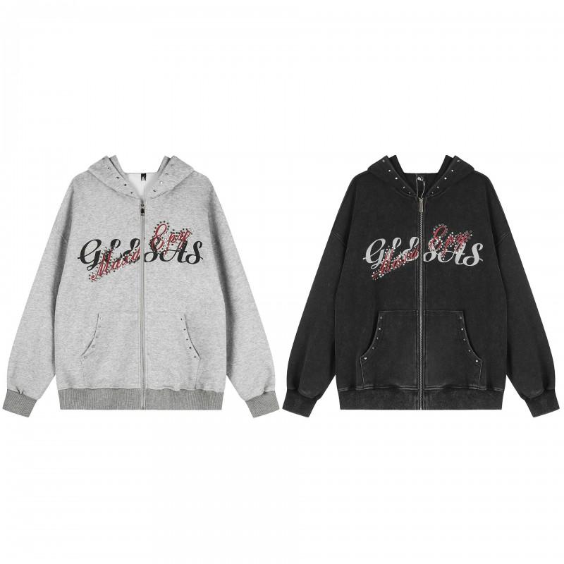 American Vintage Washed Hooded Zip Sweatshirt Men Women Studded Letter Graphic Loose Fit Casual Streetwear