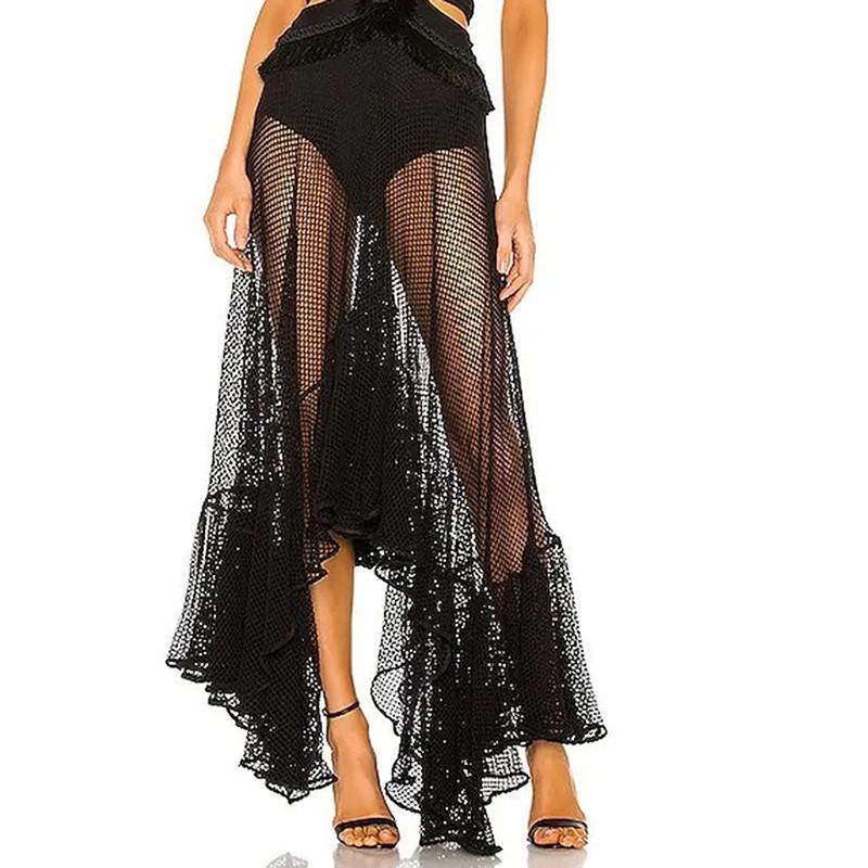 

High-End European & American Fishnet Midi Skirt with Irregular Hem Large бежевий