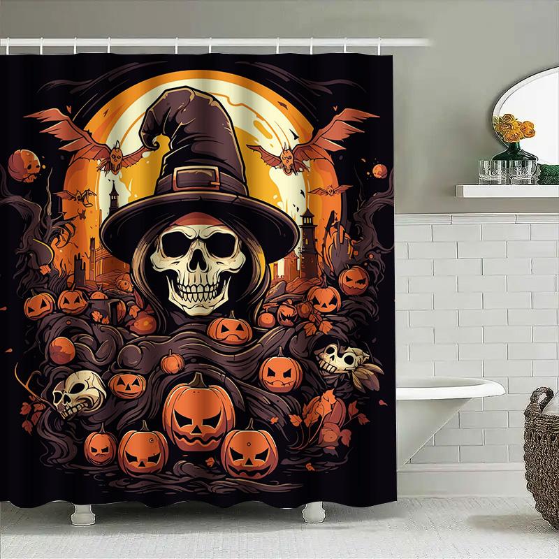 

1Pchalloween Skull Bat Witch Bathroom Curtain For Home Decor Spooky Dark Art Gift W60H190(CM)-1 Pcs