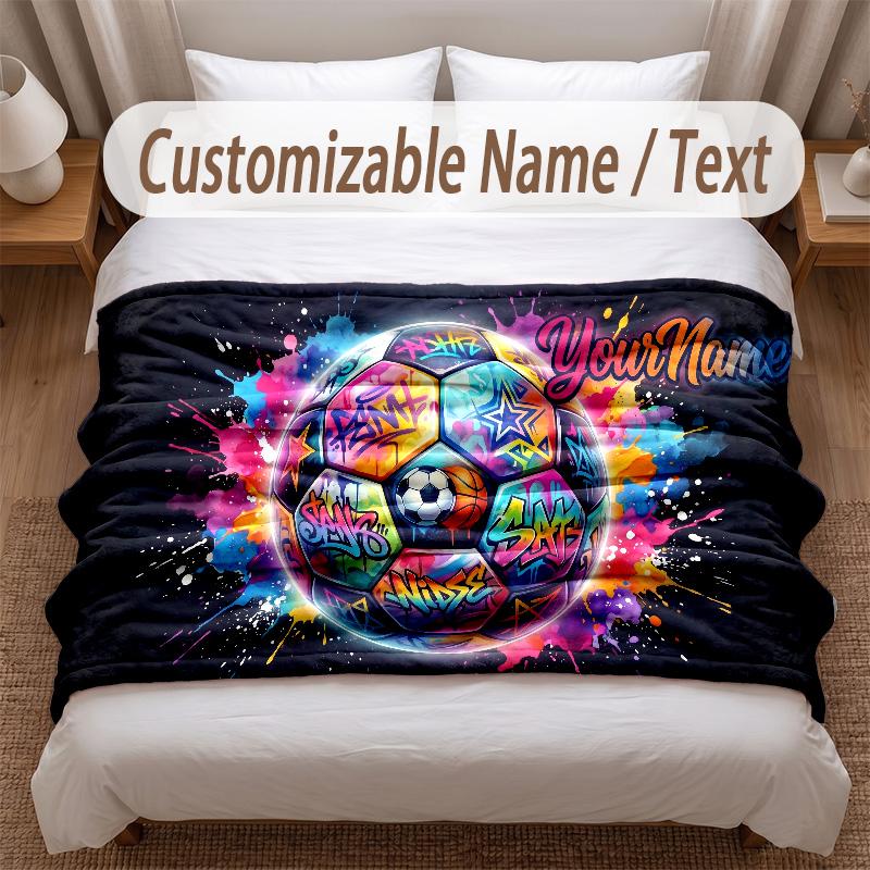 Soccer Theme Soft Blanket Personalized Custom Name Text Print Warm Blanket Home Sofa Bedroom Decor