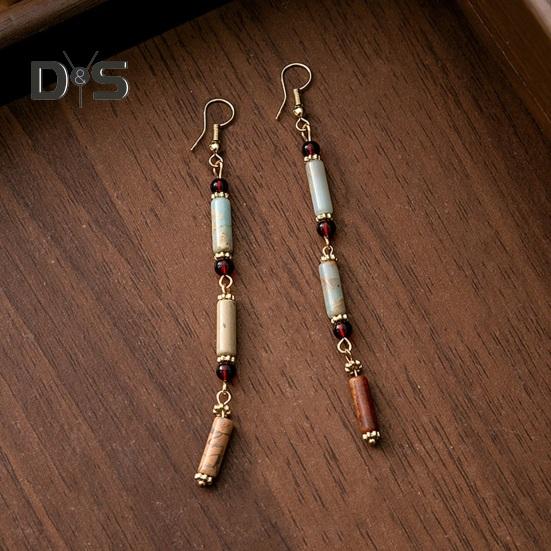 1 pár dámských visacích náušnic Dutý květ Vintage čínský styl Tvar bambusového kloubu Náušnice k Hanfu a Qipao Dlouhé střapcové visací náušnice