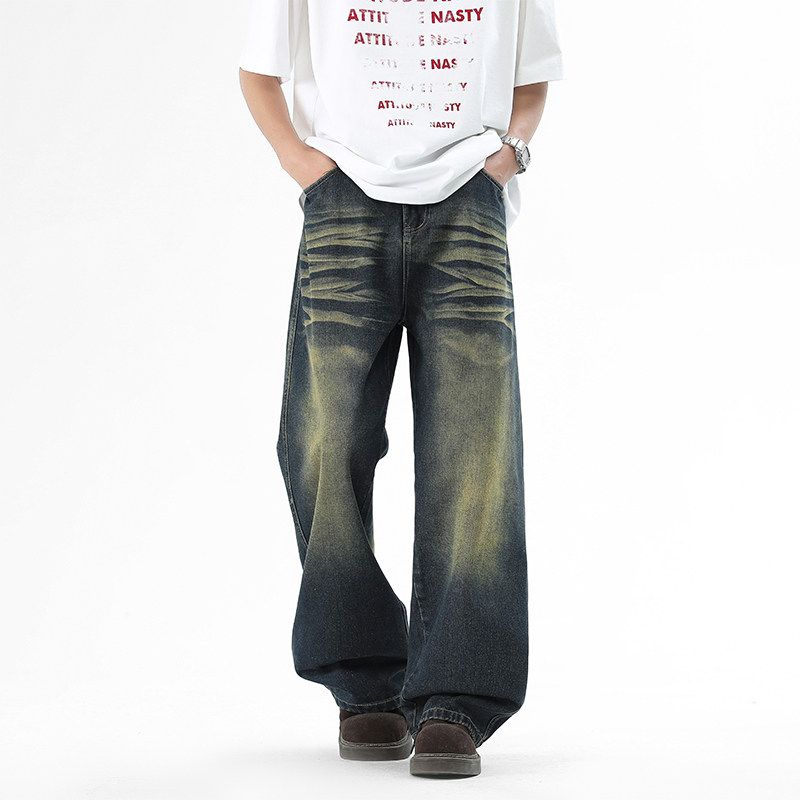 

Wassup American High Street Washed Straight-Leg Jeans for Men, Loose Gradient Color Vintage Wide-Leg Versatile Floor-Length Pants Cyan Blue 2XL