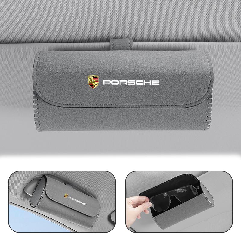 Zamszowe Pudełko na Okulary Samochodowe Etui na Okulary do Osłony Przeciwsłonecznej Schowek Klipsy Do Porsche Cayenne Panamera Macan 911 718 Cayman Taycan Boxster