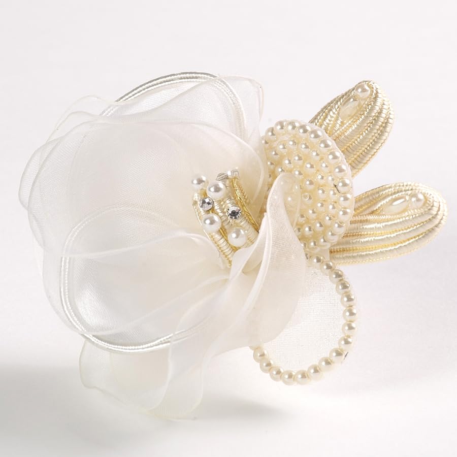 Fabriqué au Japon. Corsage Élégant en Satin x Organza avec Perles, Blanc cassé.