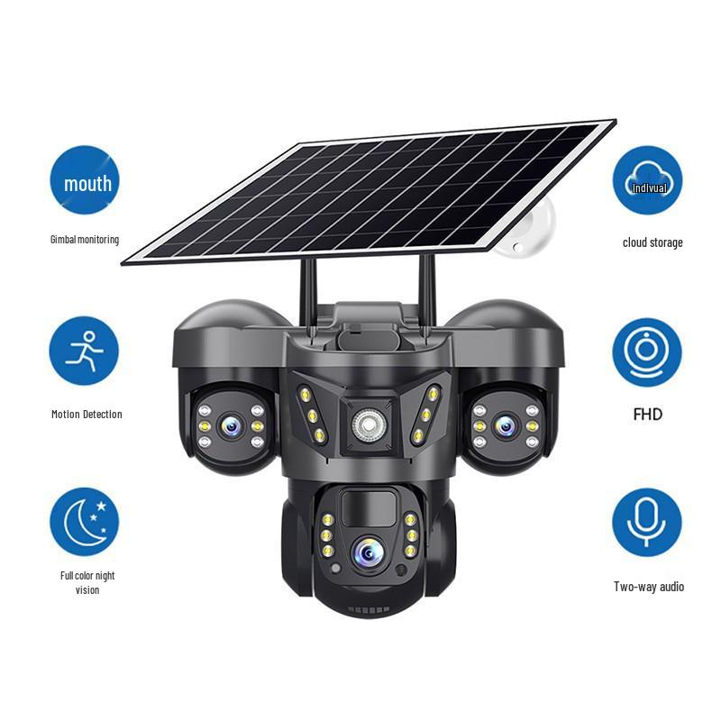 Cámara 4G V380 Alimentada por Energía Solar con Tres Lentes, 6MP, Audio Bidireccional y Monitorización Remota Móvil