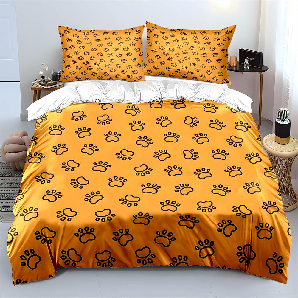 Orange Background Black Paw Patterns Bedding Set For Kids Luxury Gift 3Pcs Digital Print Comforter Set Soft Comfortable
