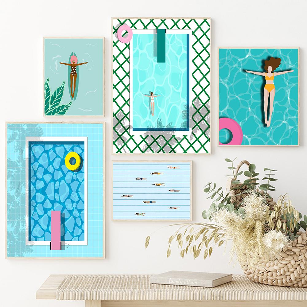 Nordic Abstract Wall Art Pictures Prints People Swimming In A Pool Canvas Painting Woman In Water Posters for Living Room Decor No Frame