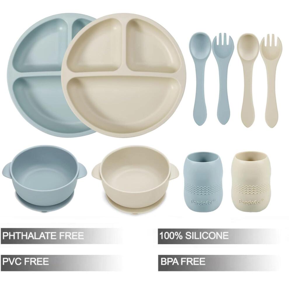 PandaEar Silikon Baby-Ess-Set | Baby-Beikost-Set | 2 geteilte Baby-Teller mit Saugnapf + 2 Baby-Saug-Schüsseln + 2 Trinklernbecher mit 2 Löffeln