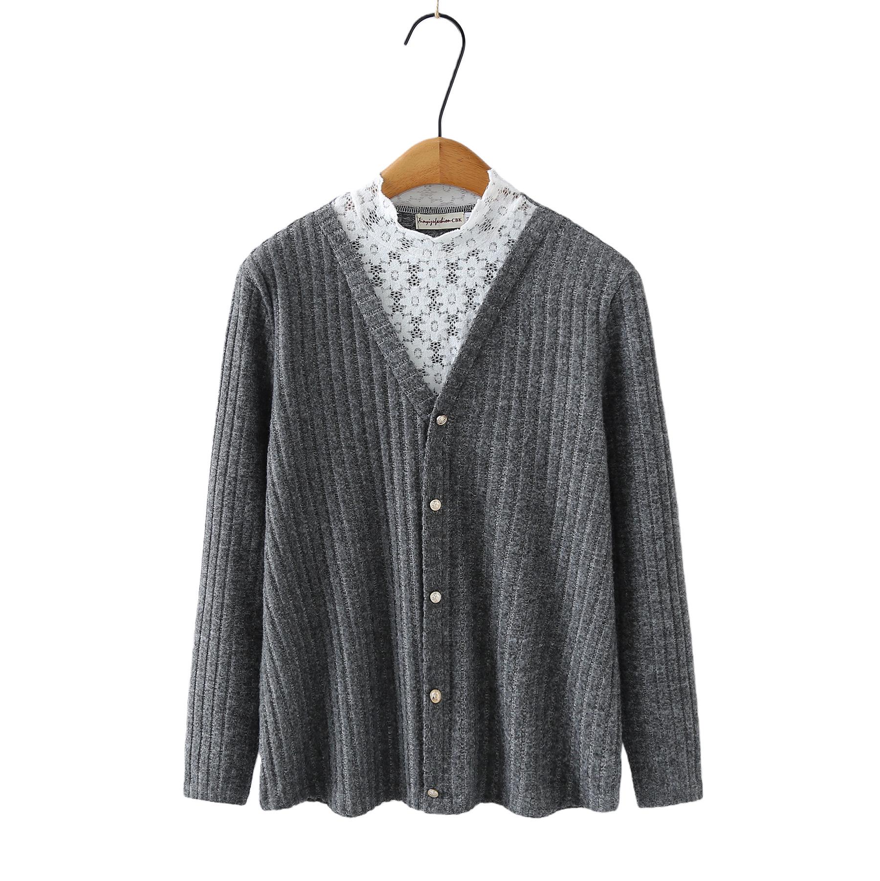 

Plus Size Lace Patchwork Long Sleeve Stand Collar Ribbed Top - Autumn 2026 4XL сірий колір