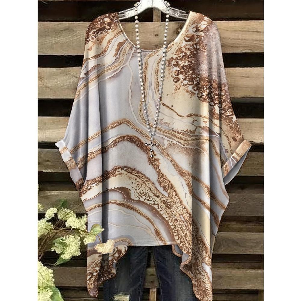 Tessuto Estivo Imitazione Denim Stampa Tie-Dye Orlo Irregolare Girocollo Manica Corta da Donna Abbigliamento Casual da Esterno da Donna