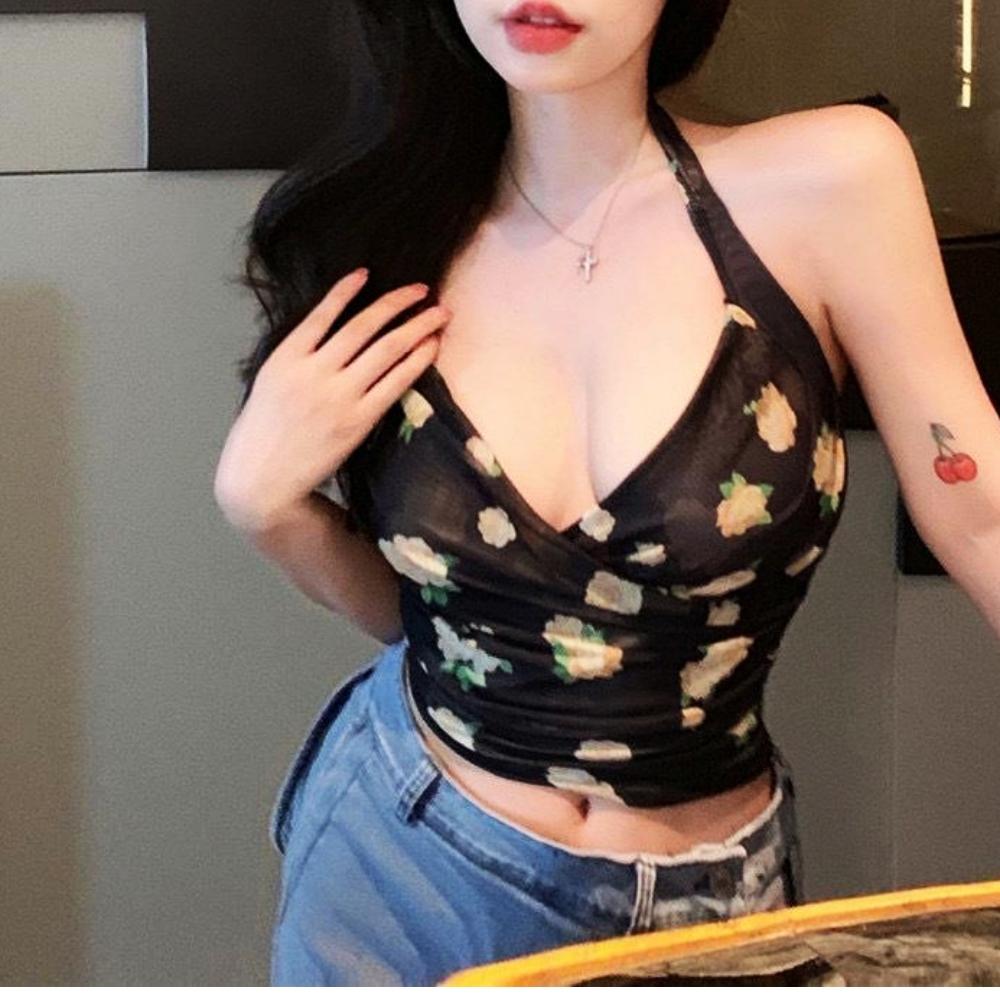 Dámske Sladké Šifónové Potlačené Camis Letné Halter Bez Chrbta Sieťované Tank Topy Vintage Bez Rukávov Štíhle Dobby Základy Crop Top Y2k