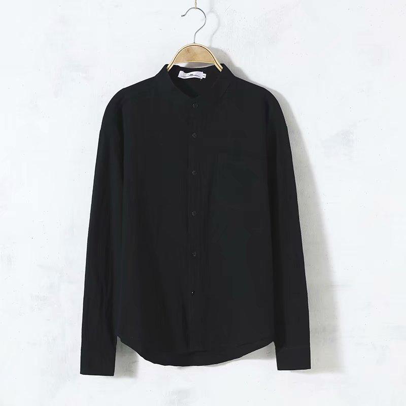 Men's Slim Fit Japanese Retro Linen-Cotton Shirt, Long Sleeve, Stand Collar, Casual All-Match Design.