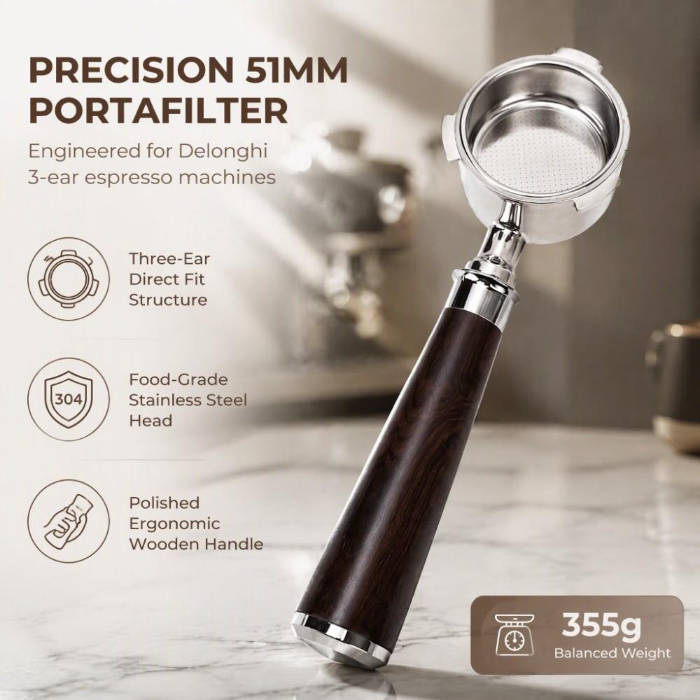 Stainless Steel and Wooden Handle Bottomless Portafilter for Delonghi EC0680 Espresso Brewing