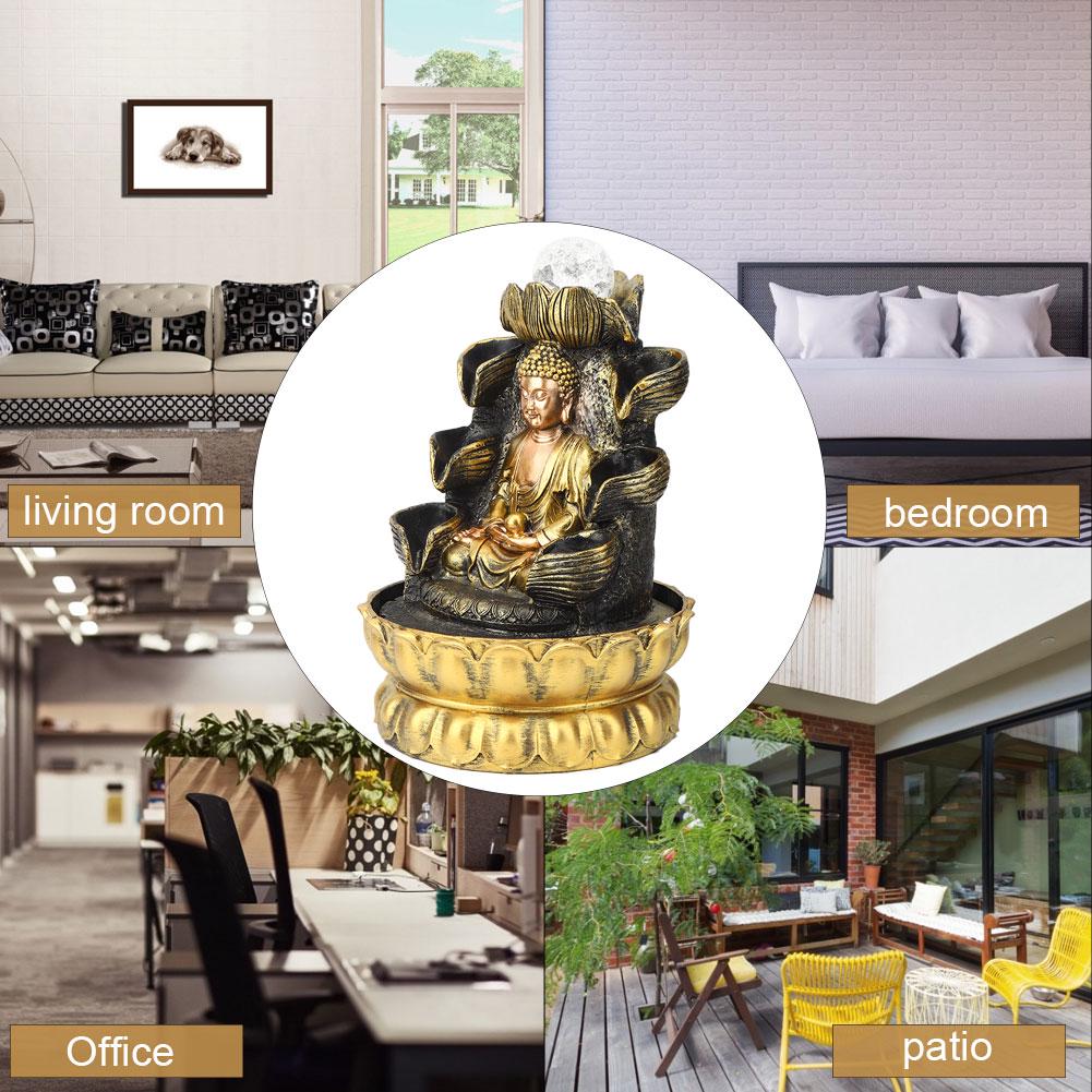 Dekoracja fontanny biurkowej Budda Ozdoba z płynącą wodą ze światłem i kulą do domu Wtyczka US