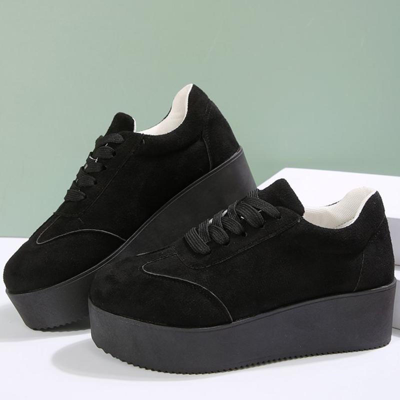 Fashion Plus Size Chunky Heel Sneakers Women Spring Autumn Lace Up Black Sneakers Woman Faux Suede Platform Vulcanize Shoes Female