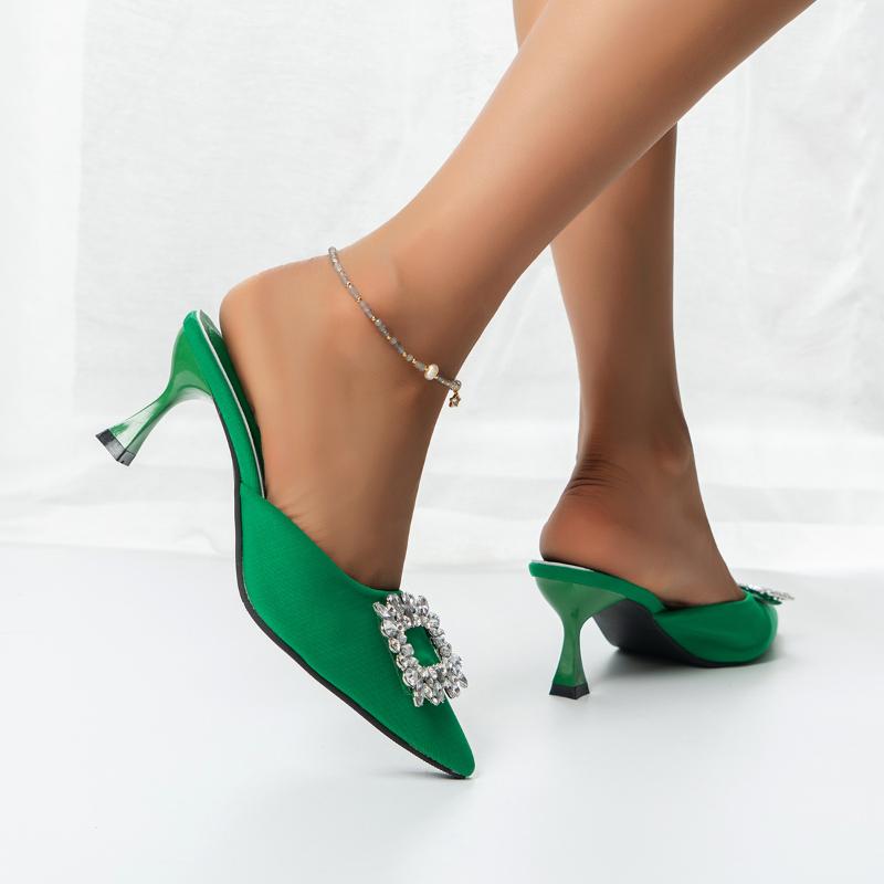 High Heeled Slippers for Women New Style with Pointed, Fine Heel Rhinestone Square Buckle, Half Toe Cool Mop Women's Sandals