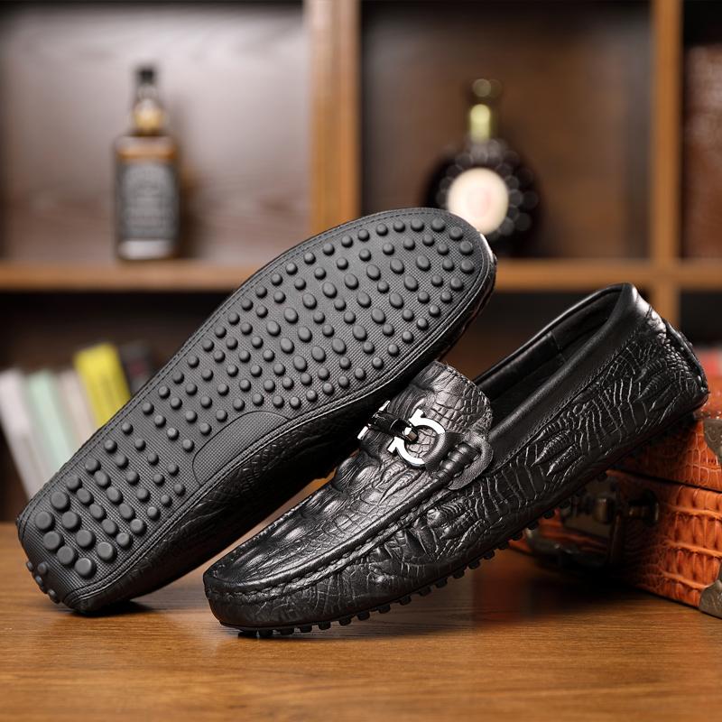 Newest Men Genuine Leather Summer Alligator Texture Slip-On Casual Shoes Male Loafer Black Flats Luxury Men'S Loafers Driving Shoes