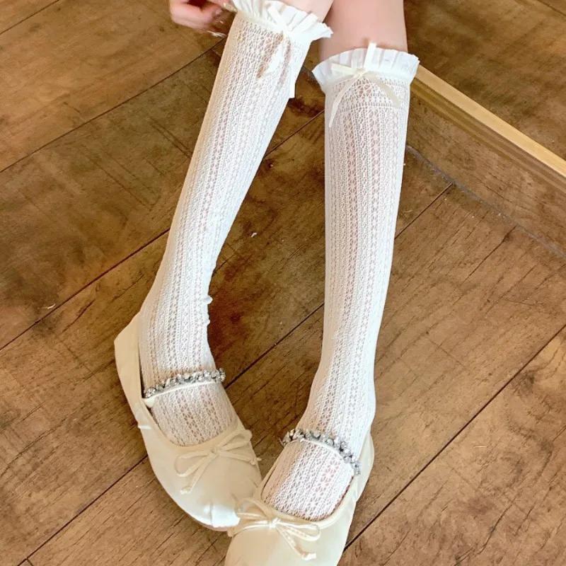 Aesthetic Forest Fairy Mid-Calf Socks Hollow Out Half Lace Ballet Style Stockings Sheer Trim Stacked Tube Socks Pure Legwear