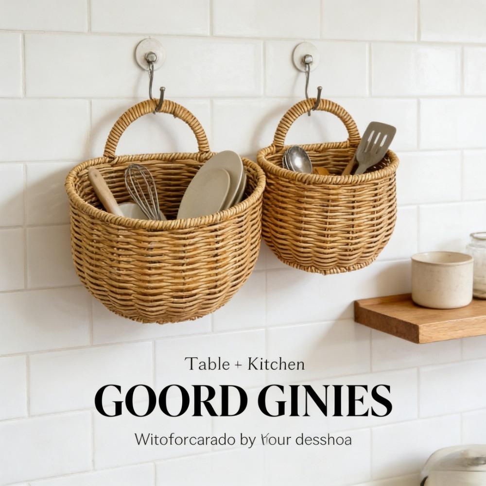 Handwoven Rattan Wall Hanging Basket - Wicker Storage Organizer for Kitchen, Bathroom & Home, Hanging Fruit Basket with Handle