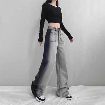 Women's High-Waist Black & Gray Wide-Leg Jeans - Summer Casual, Slimming, Loose Fit