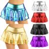 Women Sexy Clubwear Metallic Pleated Low Rise Double Layered Ruffled Mini Skirt Dance Costume