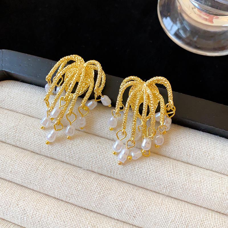 Silver Needle Zircon Pearl Tassel Earrings - Elegant Retro Design for Women